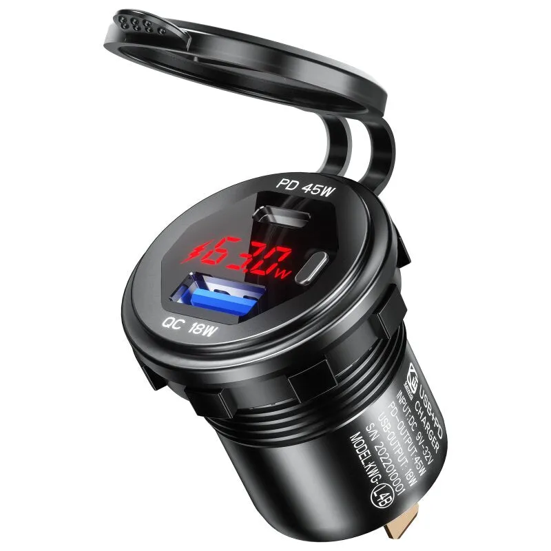 12-24V 63W Metal Car Charger Socket 45W PD   18W QC3.0 with LED Voltage/Power Display ON/OFF Switch for SUV Motorcycle Truck Boat ATV