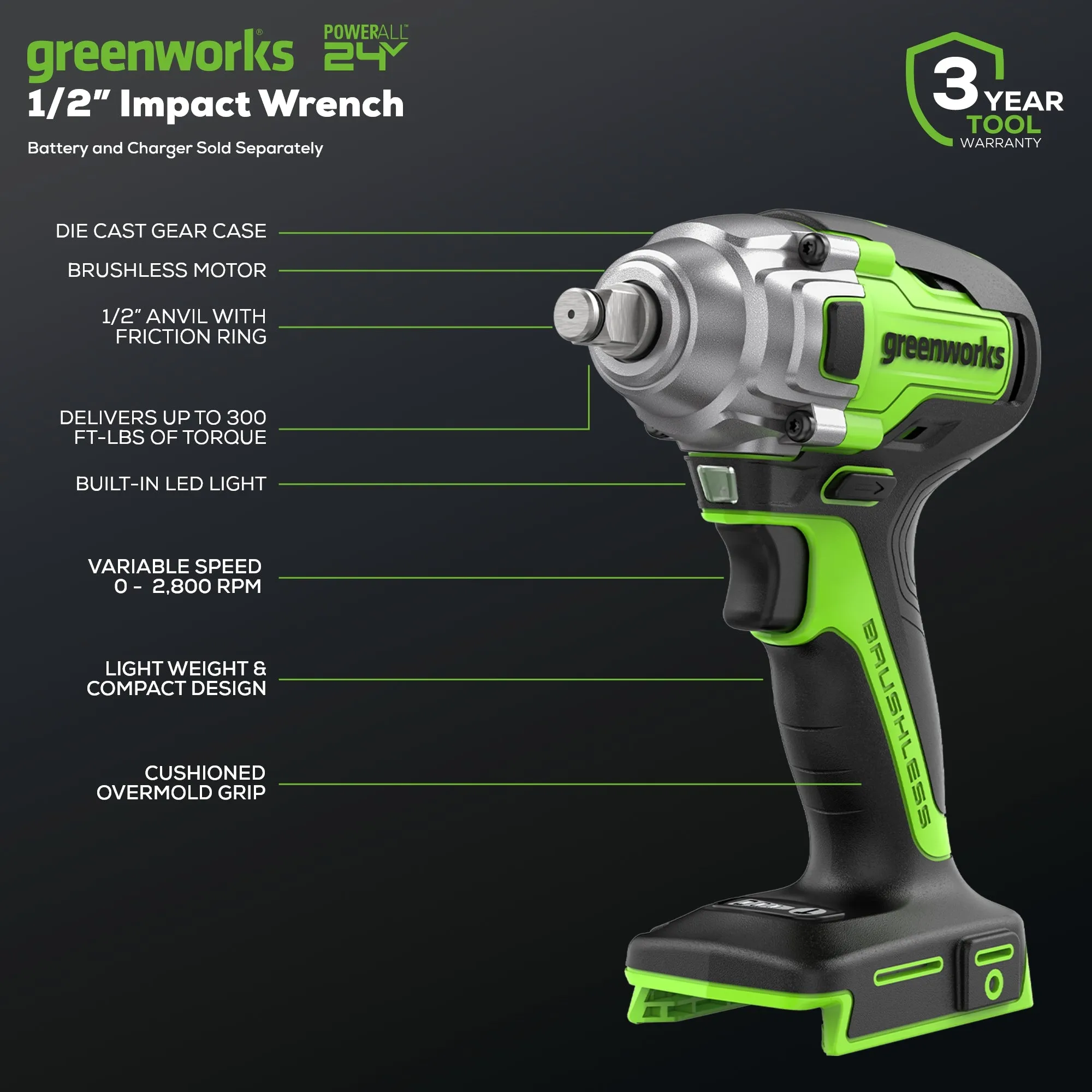 24V  1/2"  Cordless Battery Impact Wrench (Tool Only)