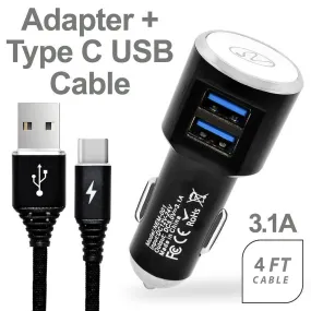 3.1A 2-in-1 Universal Dual USB Port Travel Car Charger With Type C USB Cable by Modes