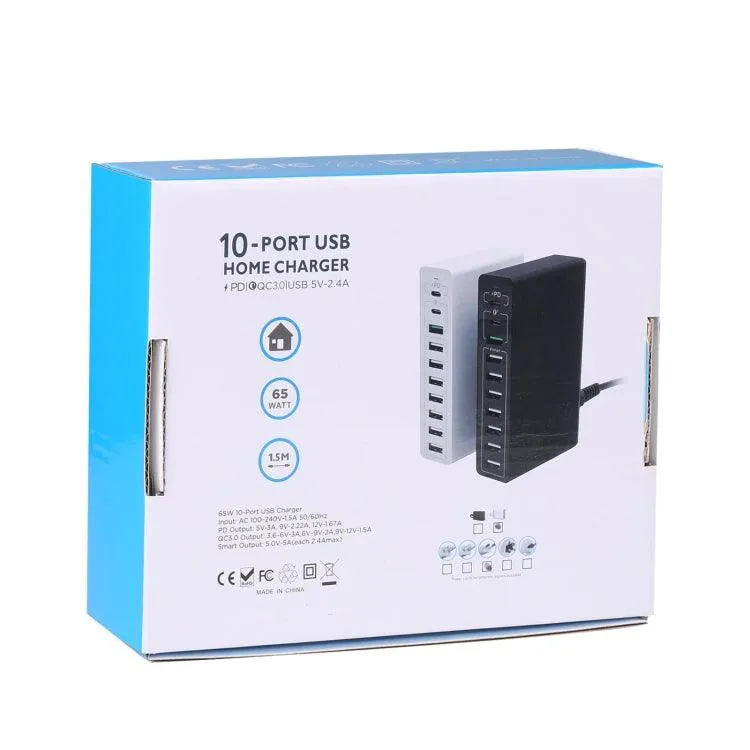 65W 10-in-1 USB Smart Fast Charge Station with QC3.0