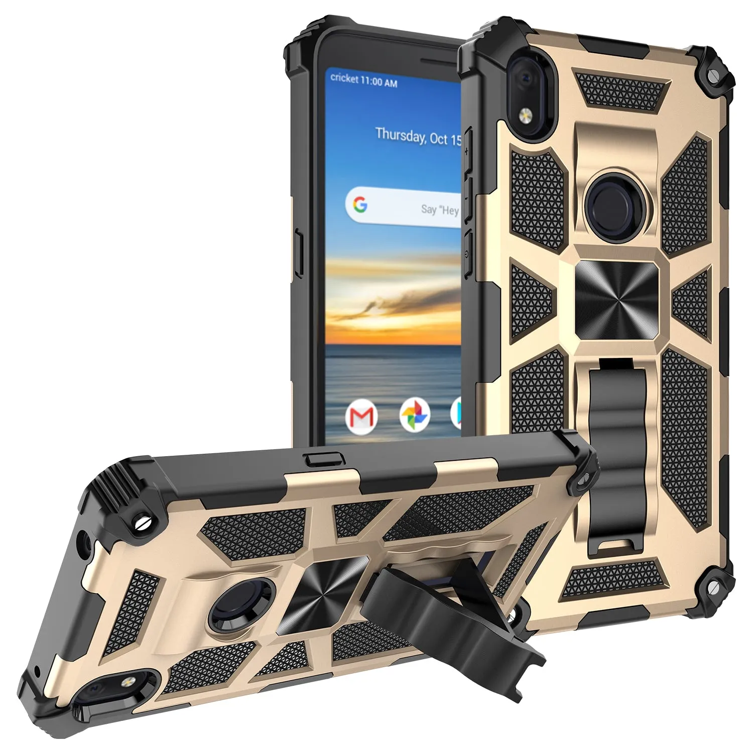 Alcatel Lumos Case/AT&T Alcatel Axel Case [Military Grade] Ring Car Mount Kickstand Hybrid Hard PC Soft TPU Shockproof Protective Case - Gold