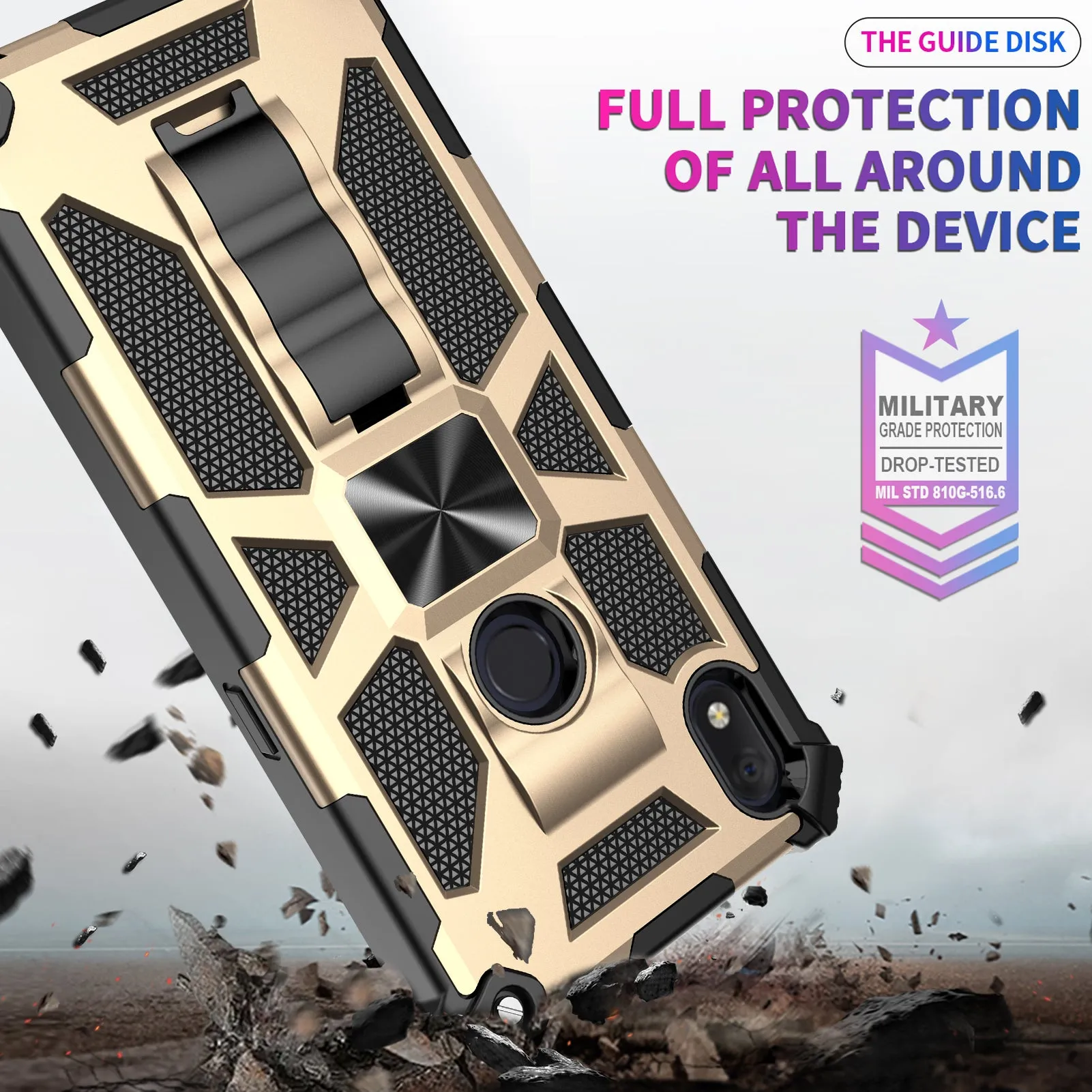 Alcatel Lumos Case/AT&T Alcatel Axel Case [Military Grade] Ring Car Mount Kickstand Hybrid Hard PC Soft TPU Shockproof Protective Case - Gold