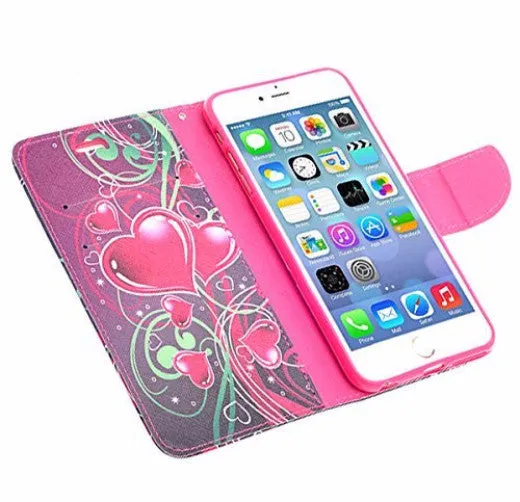 Apple iPhone 6s / 6 Case, Wrist Strap Pu Leather Wallet Case with ID & Card Slots for Iphone 6S/6 - Heart Strings