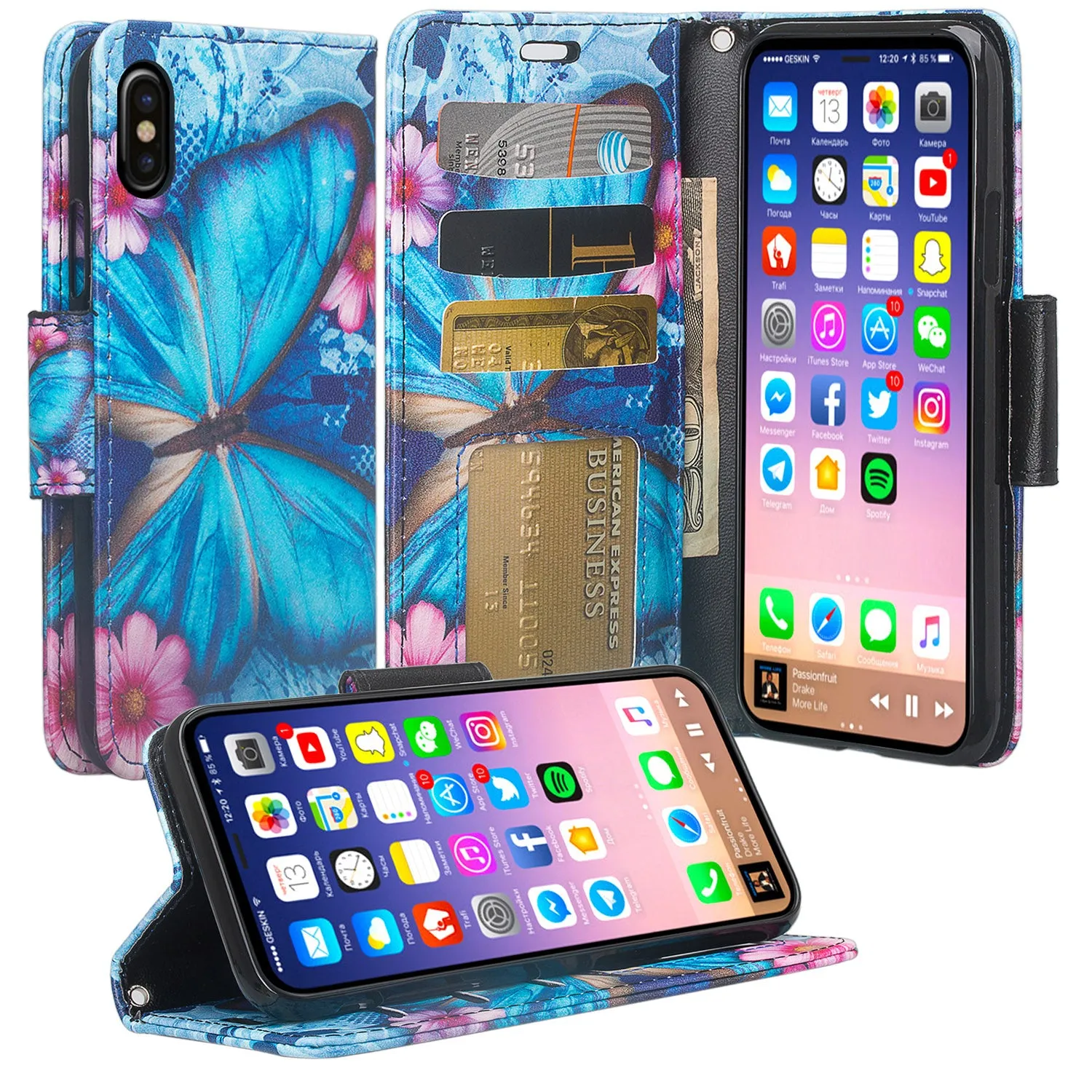 Apple iPhone X, Iphone 10 Case, Wrist Strap Faux Leather Flip [Kickstand] Protective Wallet Case Cover - Blue Butterfly