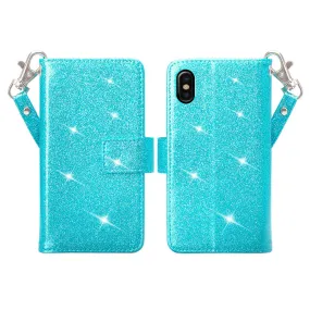 Apple iPhone X, Iphone 10 Case, [Wrist Strap] Glitter Faux Leather Flip [Kickstand Feature] Protective Wallet Case Cover Clutch - Teal