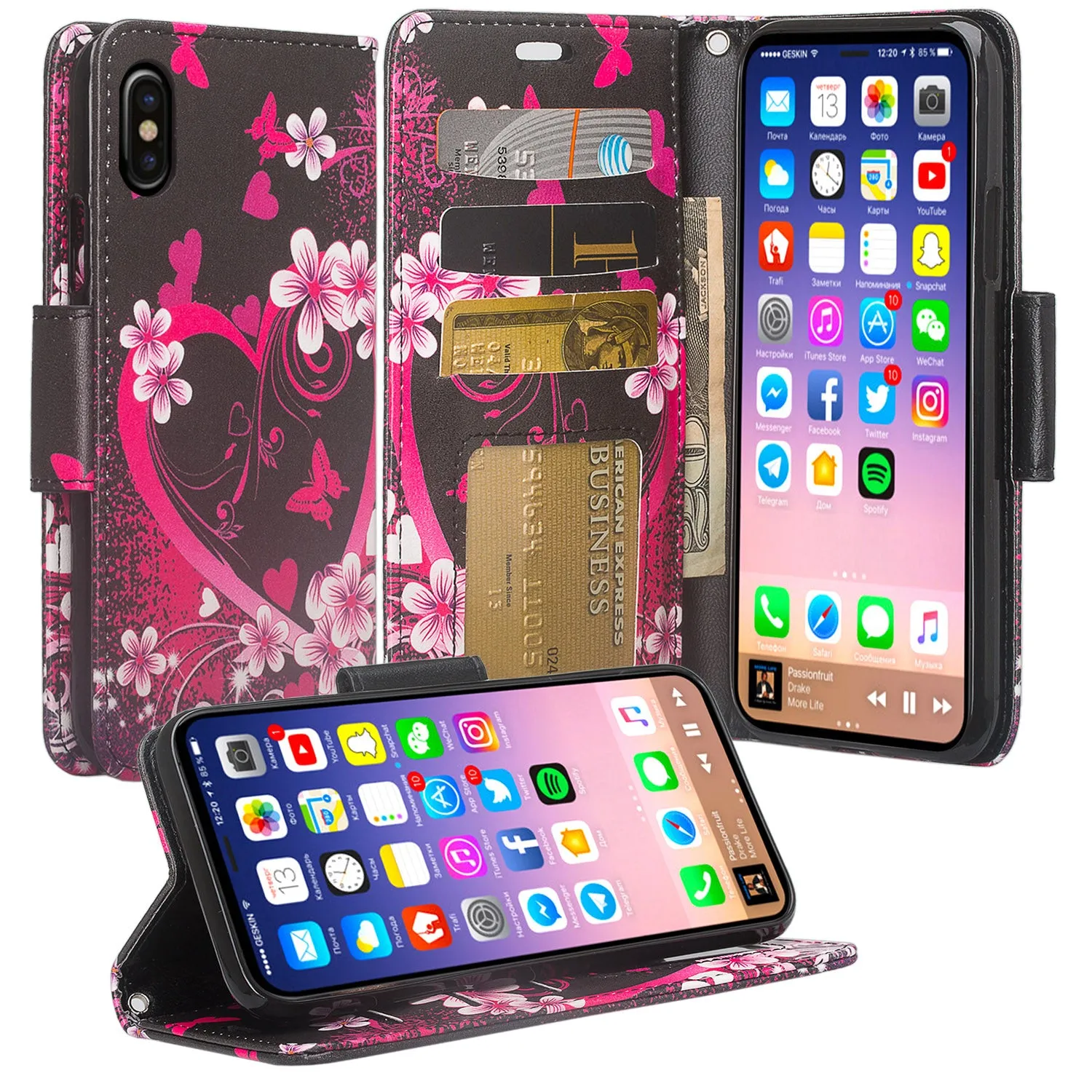 Apple iPhone XS Max Case, Apple A1921 Case, Wrist Strap Faux Leather Flip [Kickstand] Protective Wallet Case Cover - Heart Butterflies