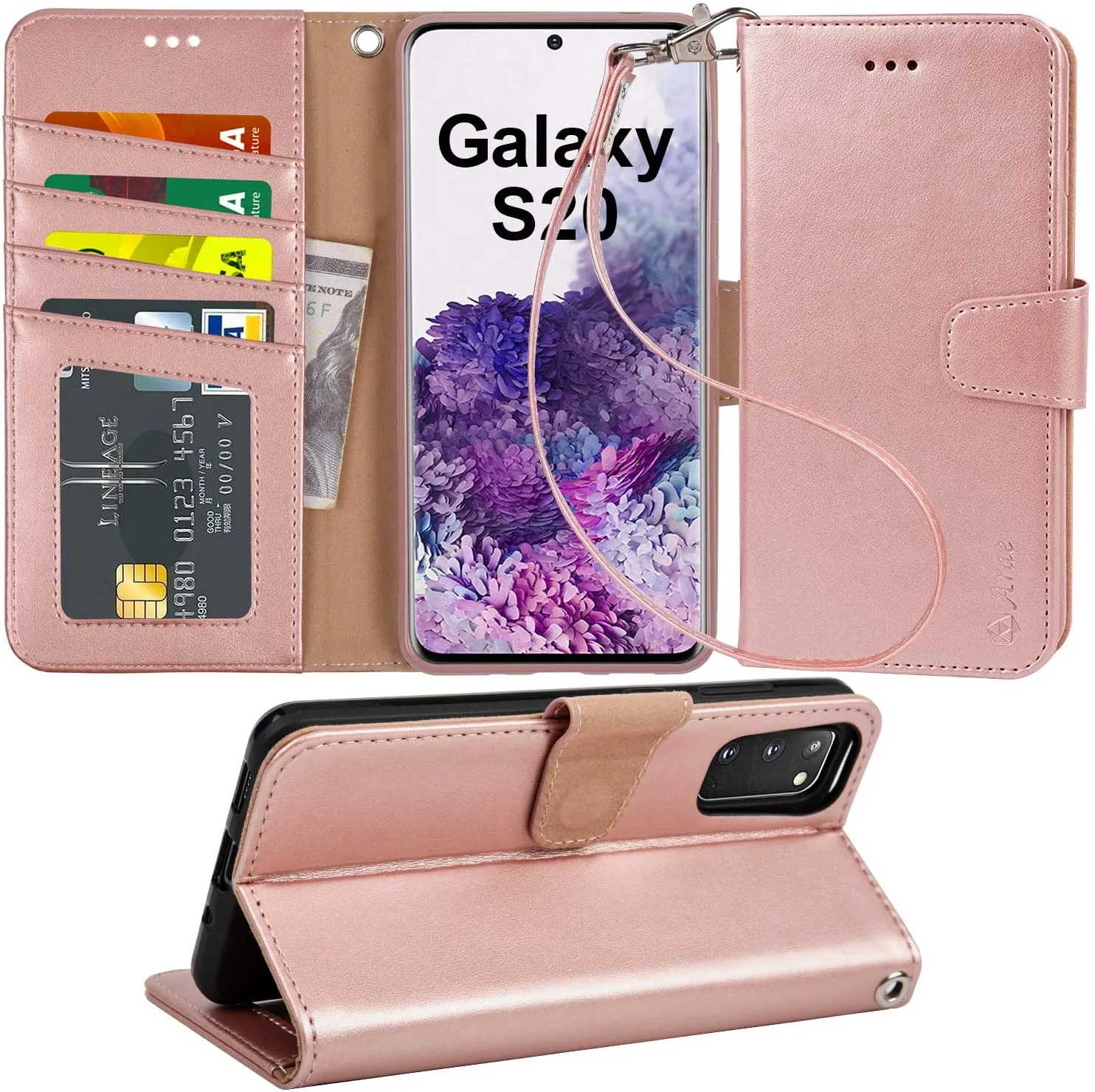 Arae Case for Samsung Galaxy S20 [Not for S20 FE] PU Leather Wallet Case Cover [Stand Feature] with Wrist Strap and [4-Slots] ID&Credit Cards Pocket for Galaxy S20 5G 6.2 inch