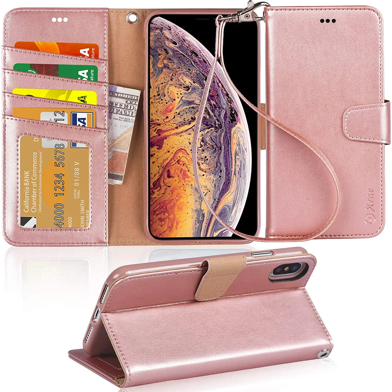 Arae Wallet Case for iPhone Xs Max PU Leather flip case Cover [Stand Feature] with Wrist Strap and [4-Slots] ID&Credit Cards Pocket for iPhone Xs Max 6.5 inch