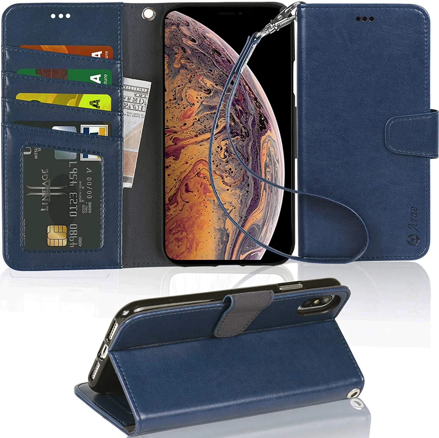 Arae Wallet Case for iPhone Xs Max PU Leather flip case Cover [Stand Feature] with Wrist Strap and [4-Slots] ID&Credit Cards Pocket for iPhone Xs Max 6.5 inch