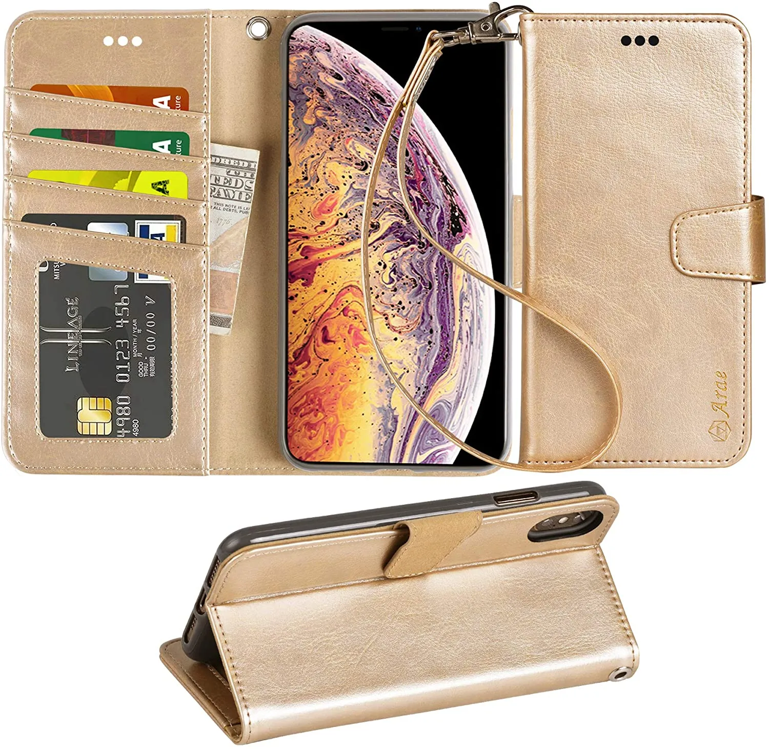 Arae Wallet Case for iPhone Xs Max PU Leather flip case Cover [Stand Feature] with Wrist Strap and [4-Slots] ID&Credit Cards Pocket for iPhone Xs Max 6.5 inch