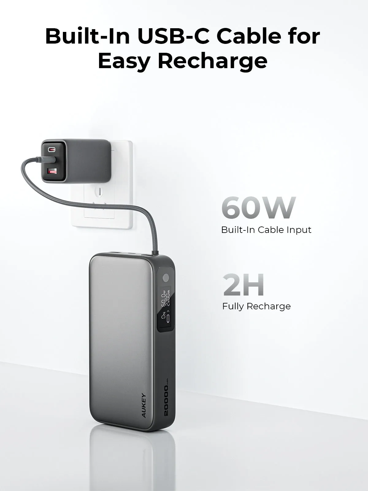 Aukey PB-Y48 Spark Sling 100W 20000mAh Compact Fast Charging Power Bank Built-in USB-C Cable