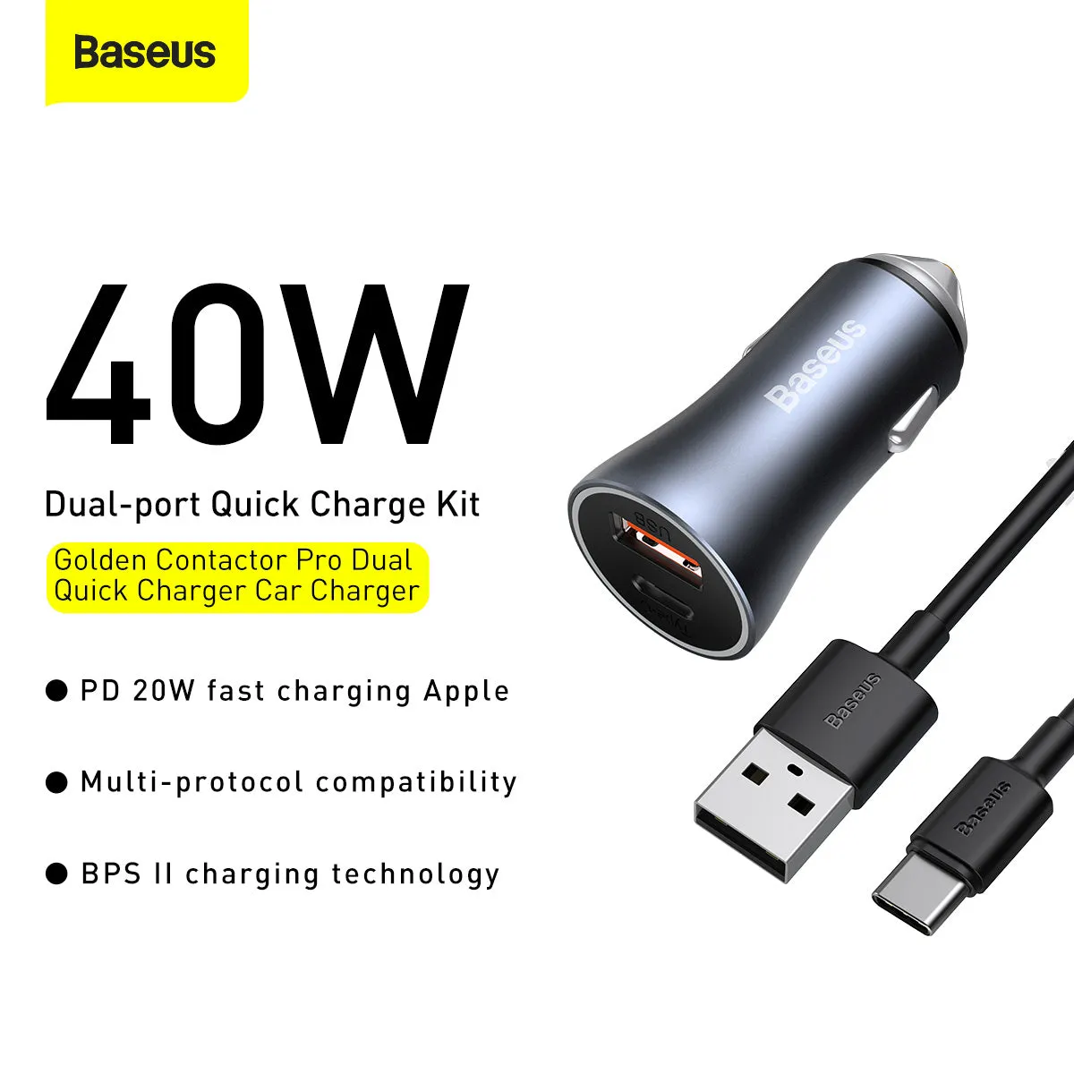 Baseus Golden Contactor Pro Fast Car Charger USB Type C / USB 40 W Power Delivery 3.0 Quick Charge 4  SCP FCP AFC   USB Cable - USB Type C Grey (TZCCJD-0G)