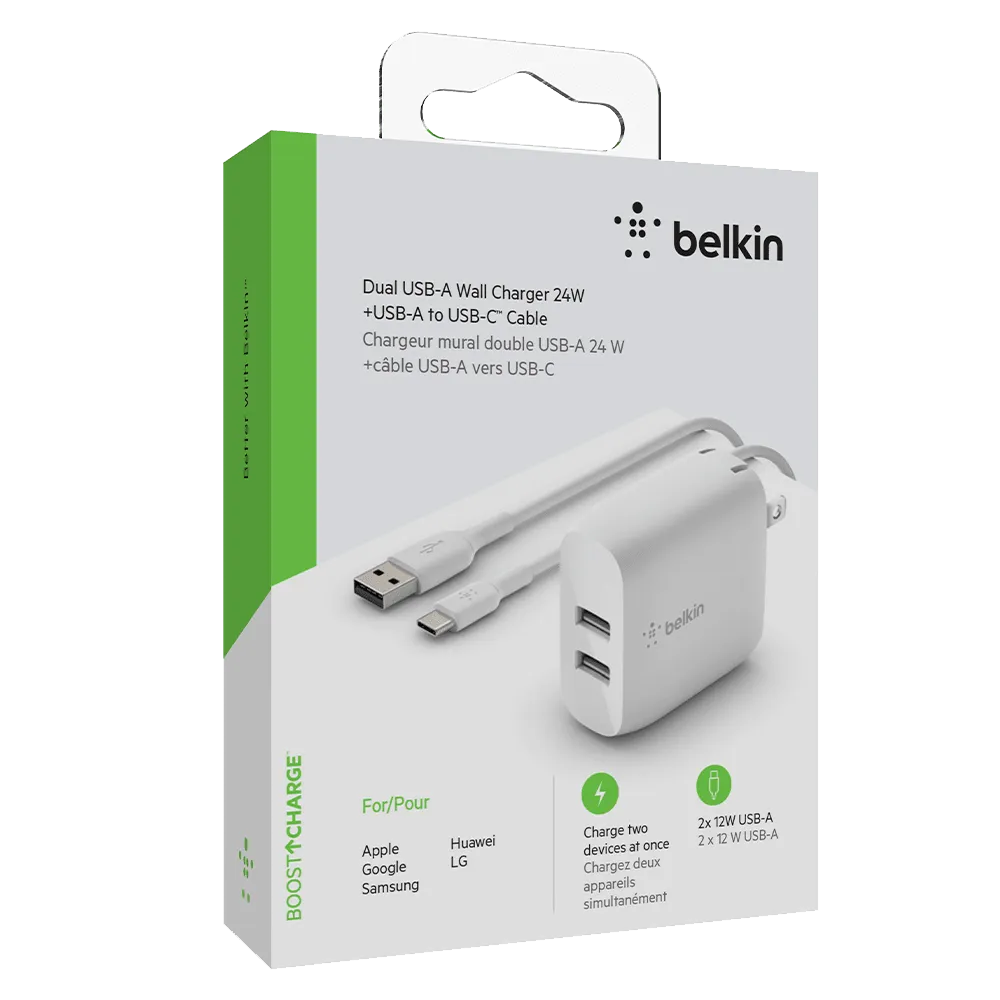 Belkin Dual Port USB A 24W Wall Charger with USB A to USB C Cable 3ft by Belkin