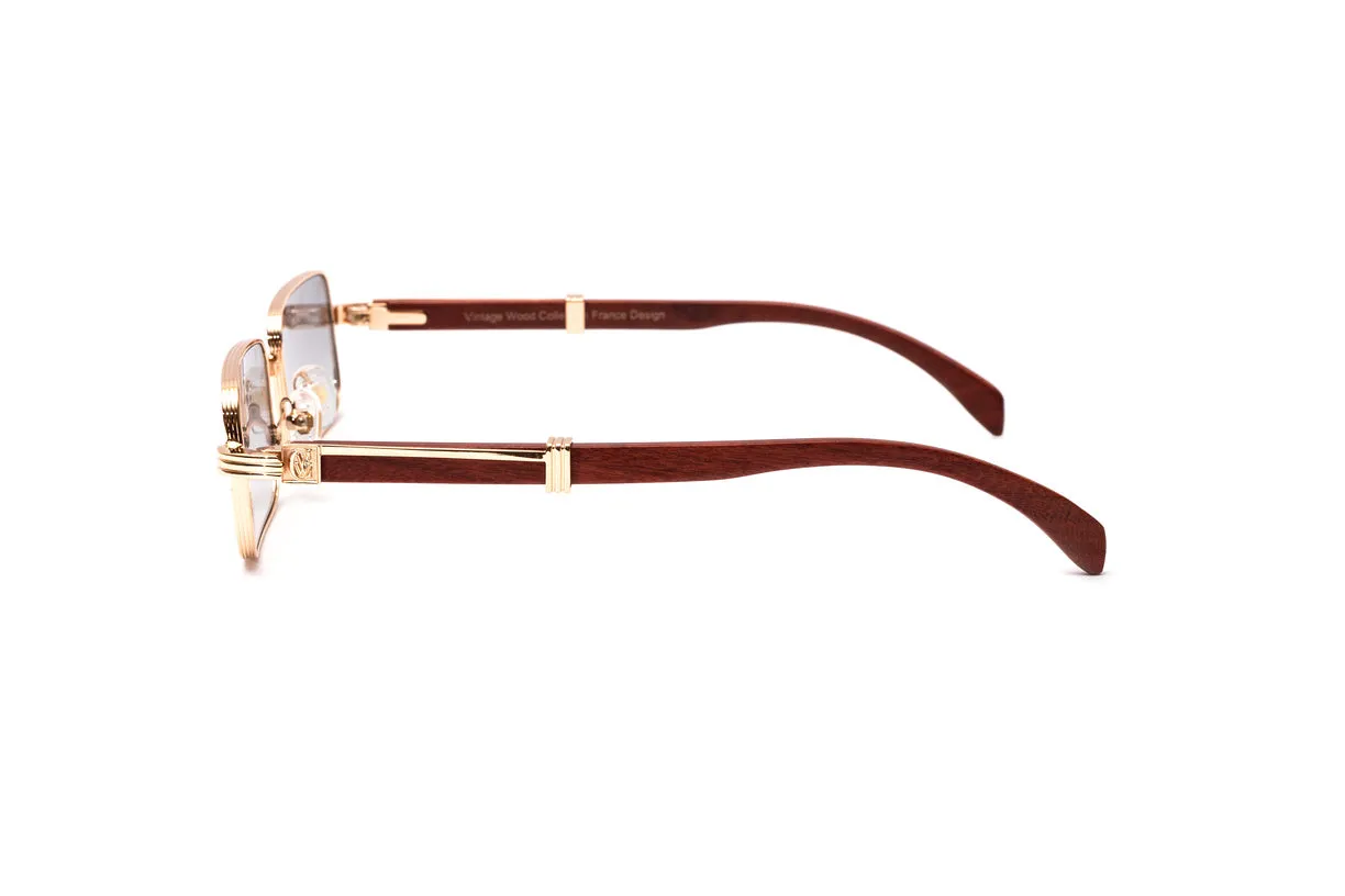 BRIGADE 18KT Rose Gold & Brown Wood Rectangular Sunglasses, Gradient Grey   White Gold Mirror Lenses