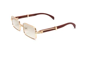 BRIGADE 18KT Rose Gold & Brown Wood Rectangular Sunglasses, Gradient Grey   White Gold Mirror Lenses