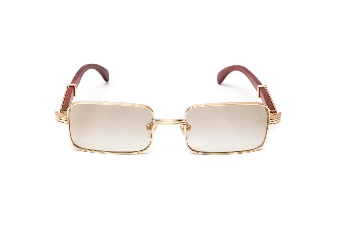 BRIGADE 18KT Rose Gold & Brown Wood Rectangular Sunglasses, Gradient Grey   White Gold Mirror Lenses