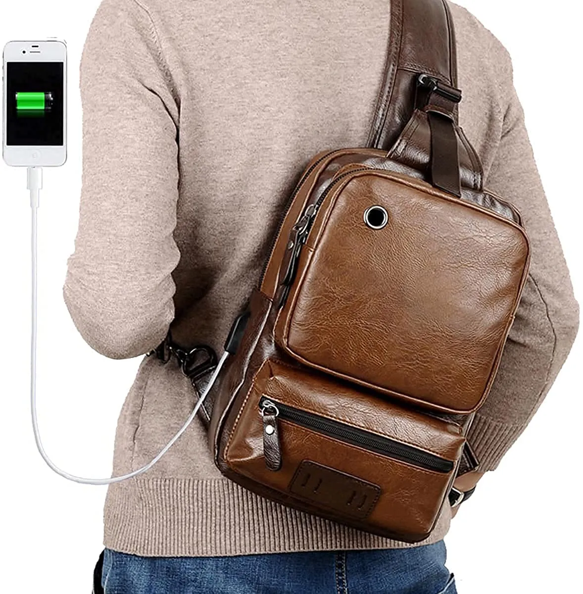 Brown Vintage PU Leather USB Charger Crossbody Bag