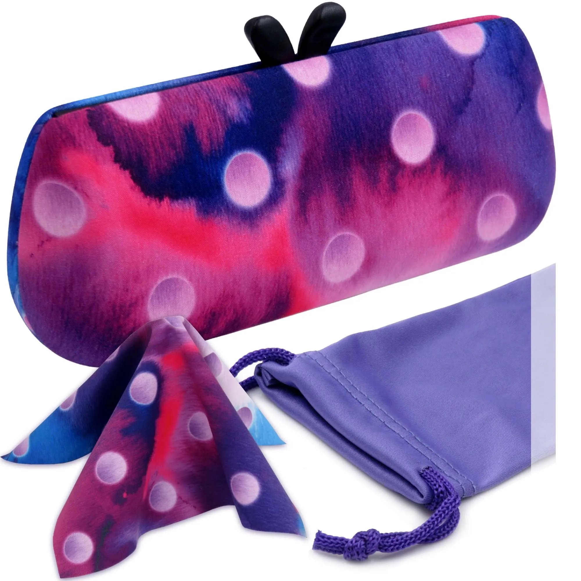 Chic Medium Hard Eyeglass Case - Small Sunglasses Case in Polka Dot Purple Design, A mini Accessories Case w/cloth  (AS461 Polka Dot)