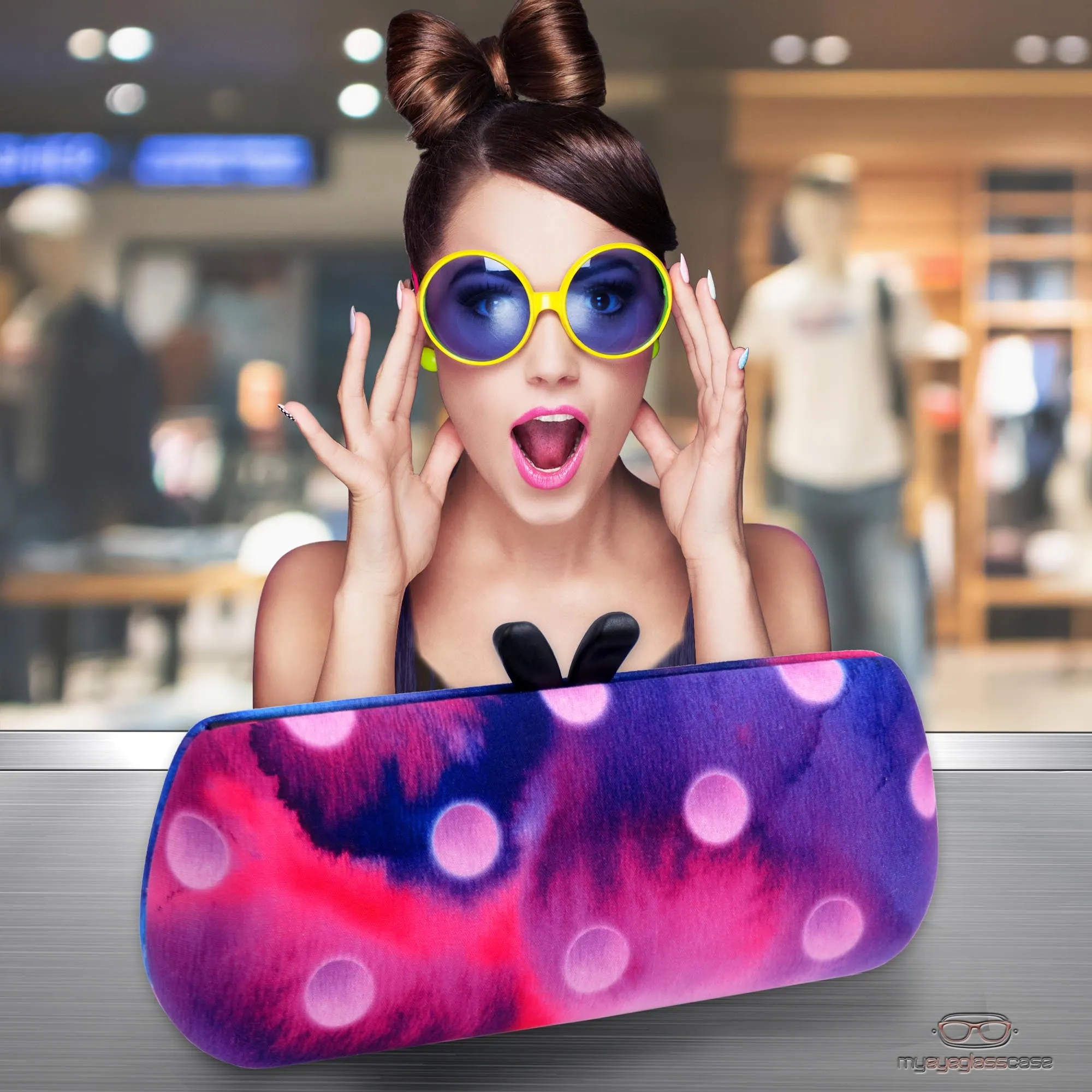 Chic Medium Hard Eyeglass Case - Small Sunglasses Case in Polka Dot Purple Design, A mini Accessories Case w/cloth  (AS461 Polka Dot)