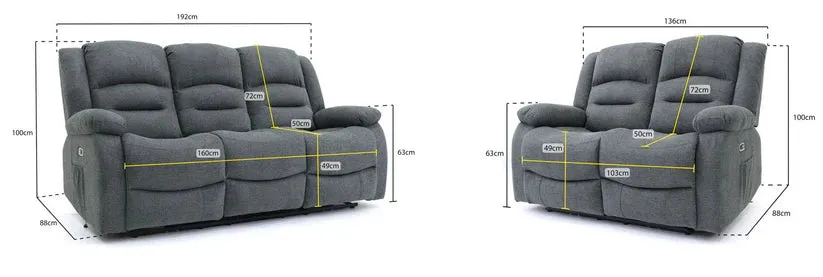 Chicago Electric Fabric Recliner Sofa - Grey 3 2 Set