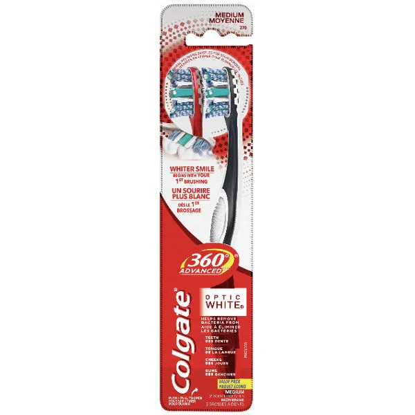 Colgate 360 Advanced Optic White Toothbrush, Medium, 2 Count