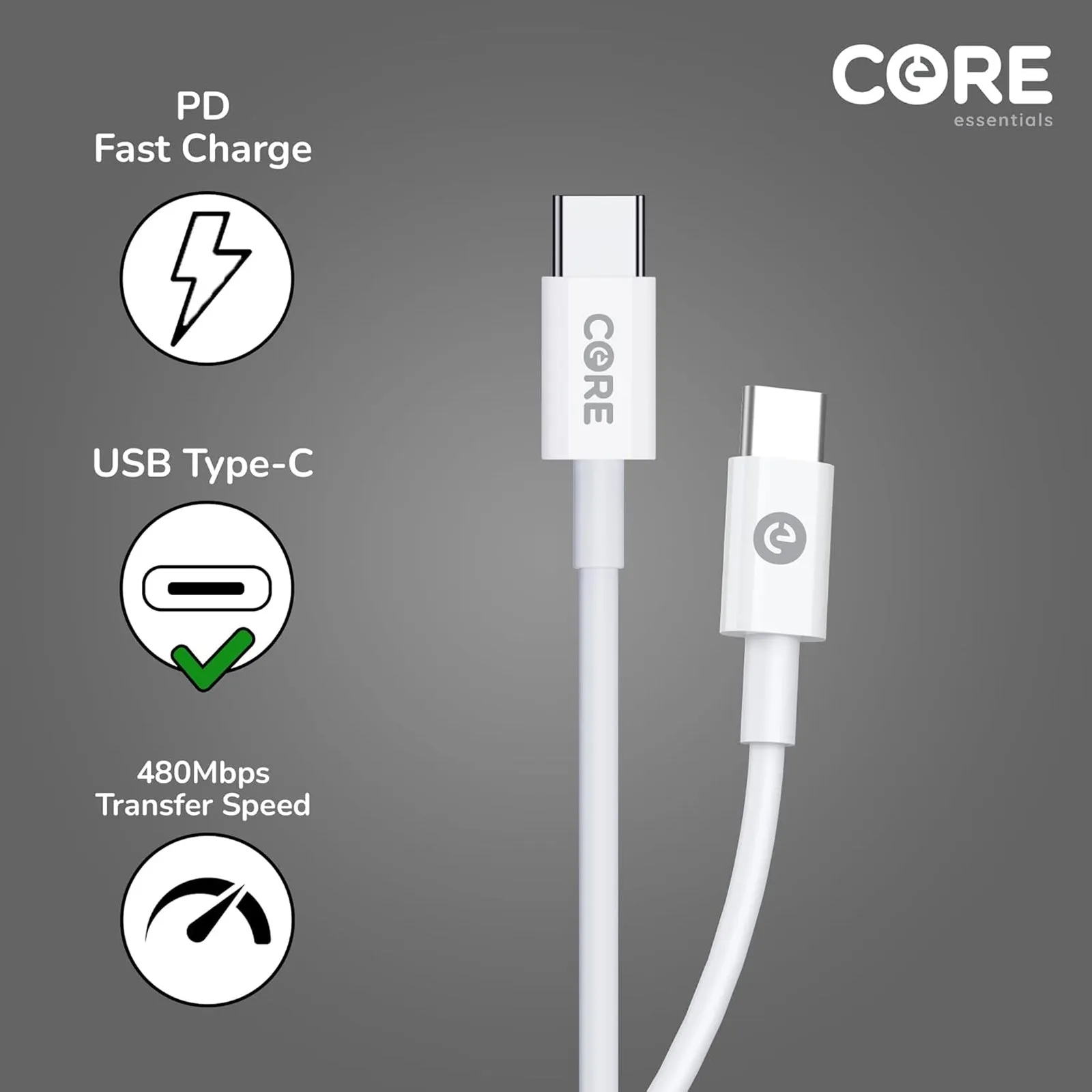 Core Essentials 1m USB C To USB C Charger Cable 2.4A