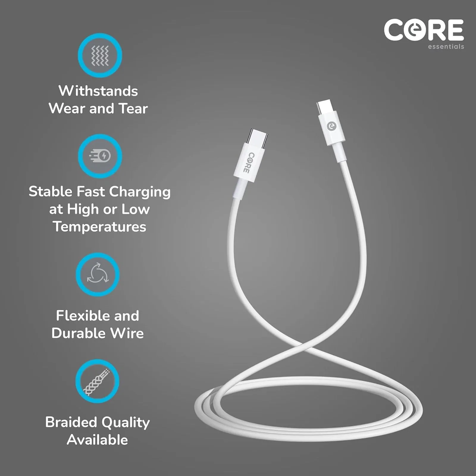 Core Essentials 1m USB C To USB C Charger Cable 2.4A