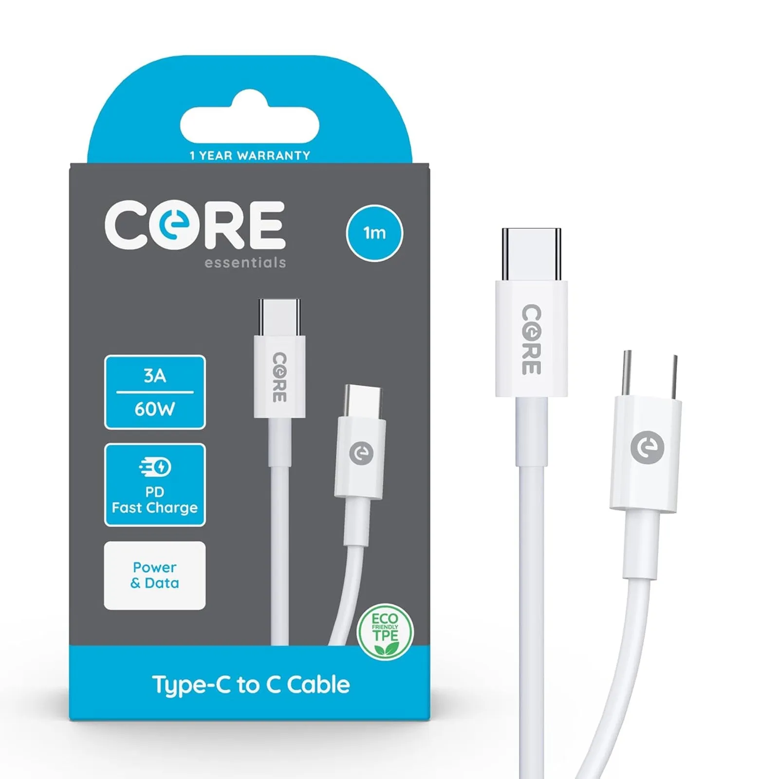 Core Essentials 1m USB C To USB C Charger Cable 2.4A