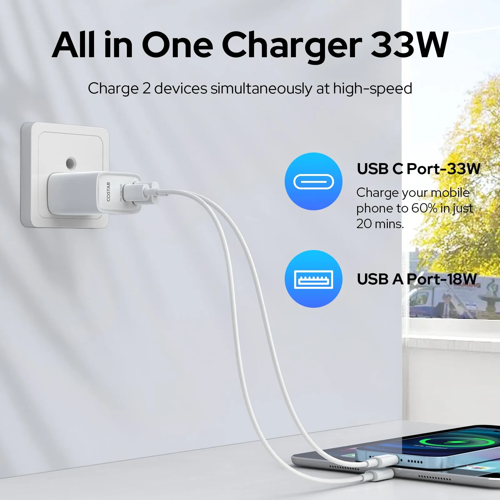 COSTAR 2 IN 1 QC/PD 33W Dual Port Fast Charger