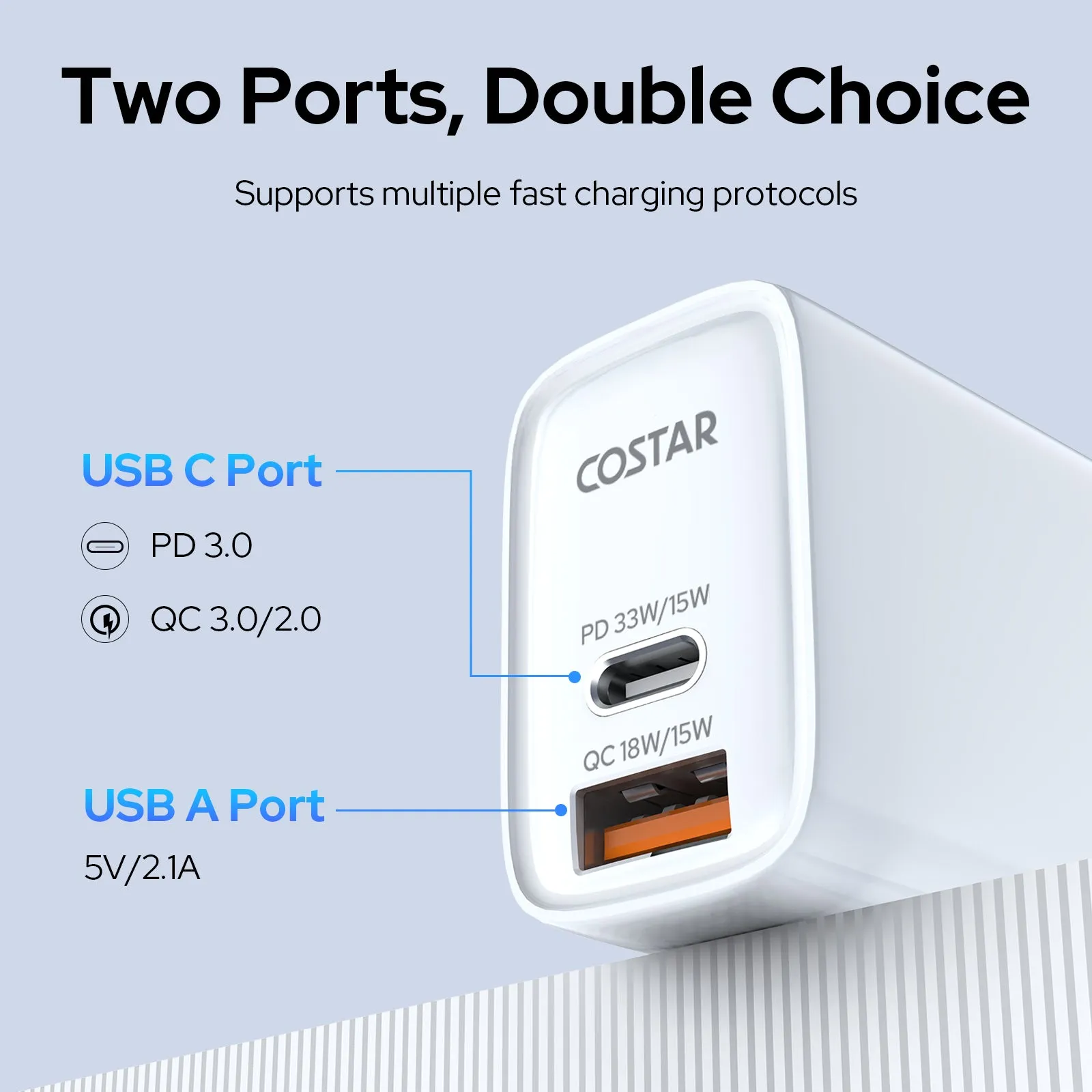 COSTAR 2 IN 1 QC/PD 33W Dual Port Fast Charger