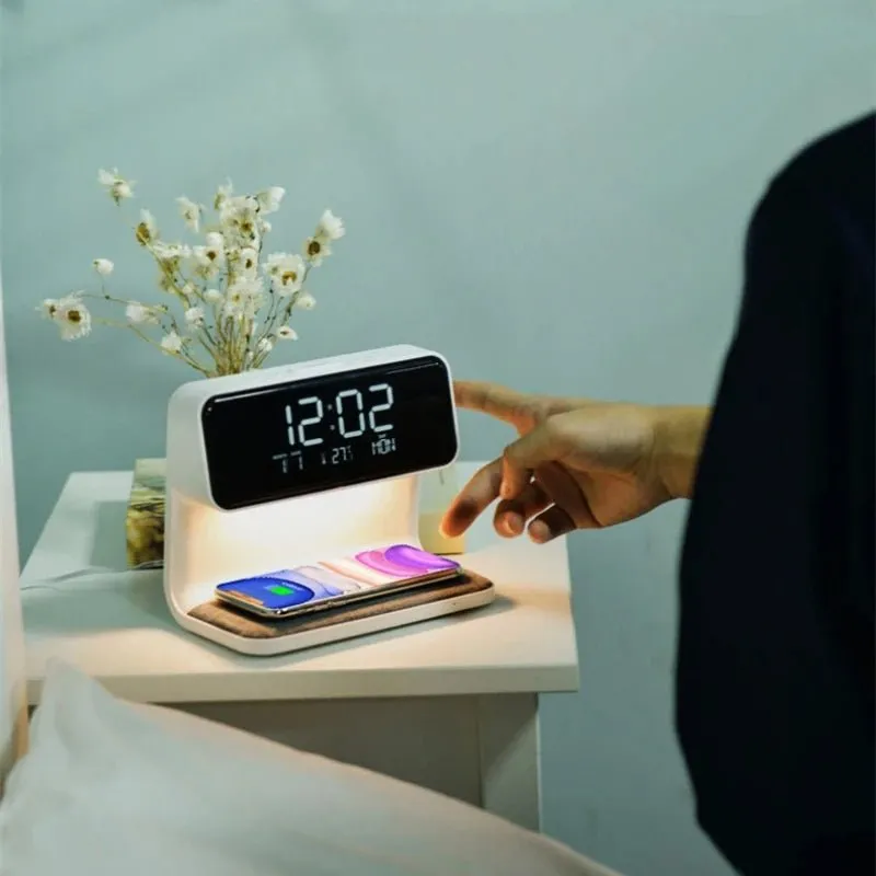 Creative 3-in-1 Bedside Lamp – Wireless Phone Charger & Smart Alarm with LCD Display for a Sleek, All-in-One Nightstand Upgrade