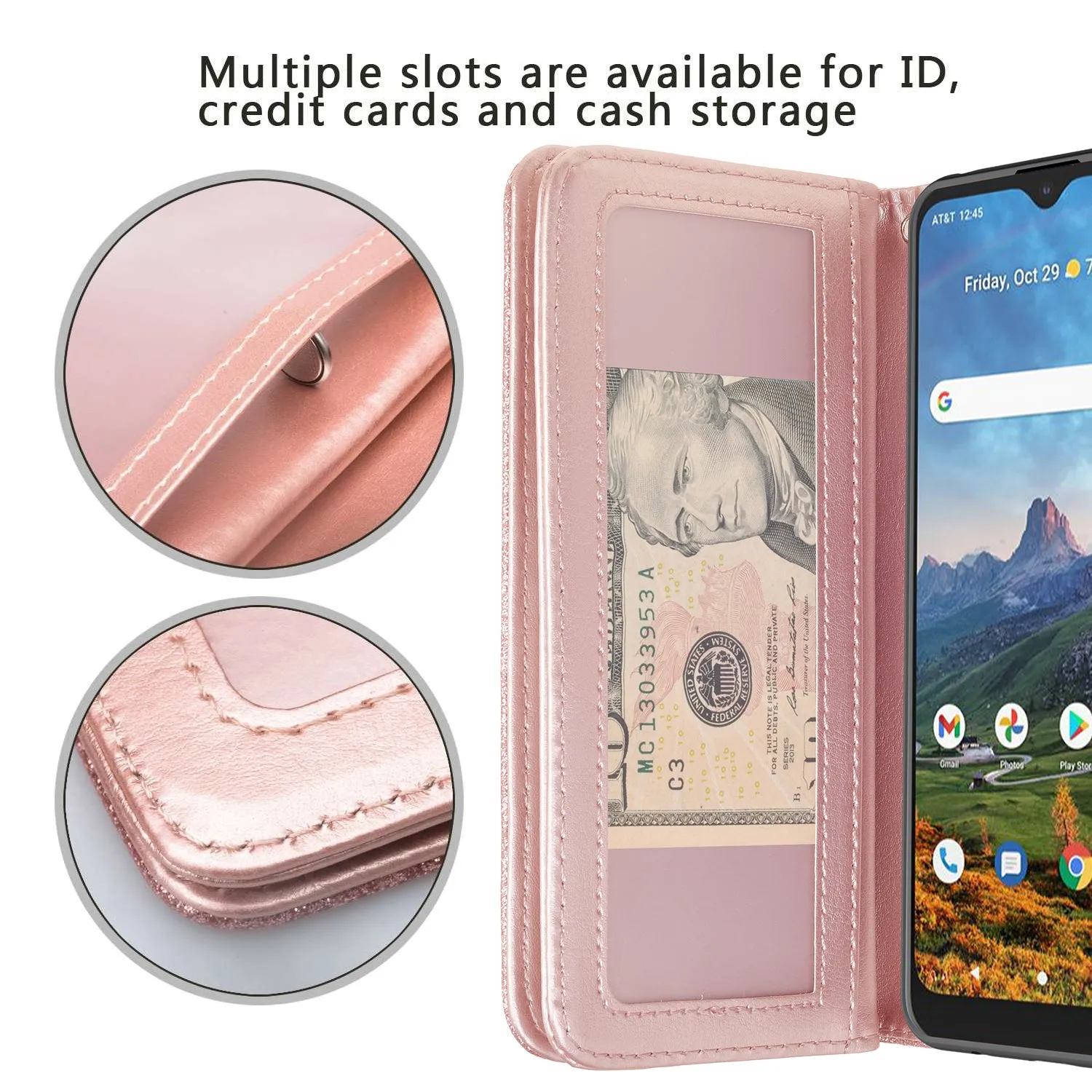 Cricket Dream 5G  Case, AT&T Radiant Max 5G / AT&T Fusion 5G Case, Glitter Faux Leather Flip Credit Card Holder Wrist Strap Shockproof Protective Wallet Case Clutch for Cricket Dream 5G / AT&T Radiant Max 5G / AT&T Fusion 5G - Rose Gold