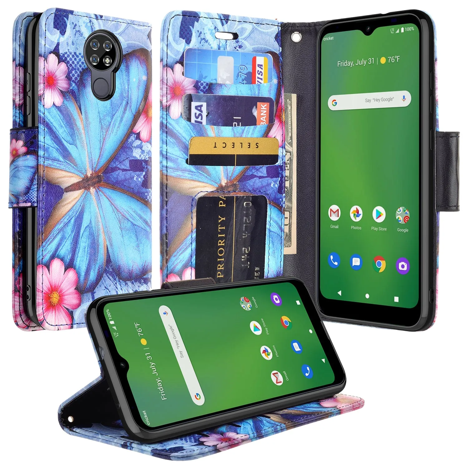 Cricket Ovation Case, AT&T Radiant Max Wallet Case, Wrist Strap Pu Leather Wallet Case [Kickstand] with ID & Credit Card Slots - Blue Butterfly