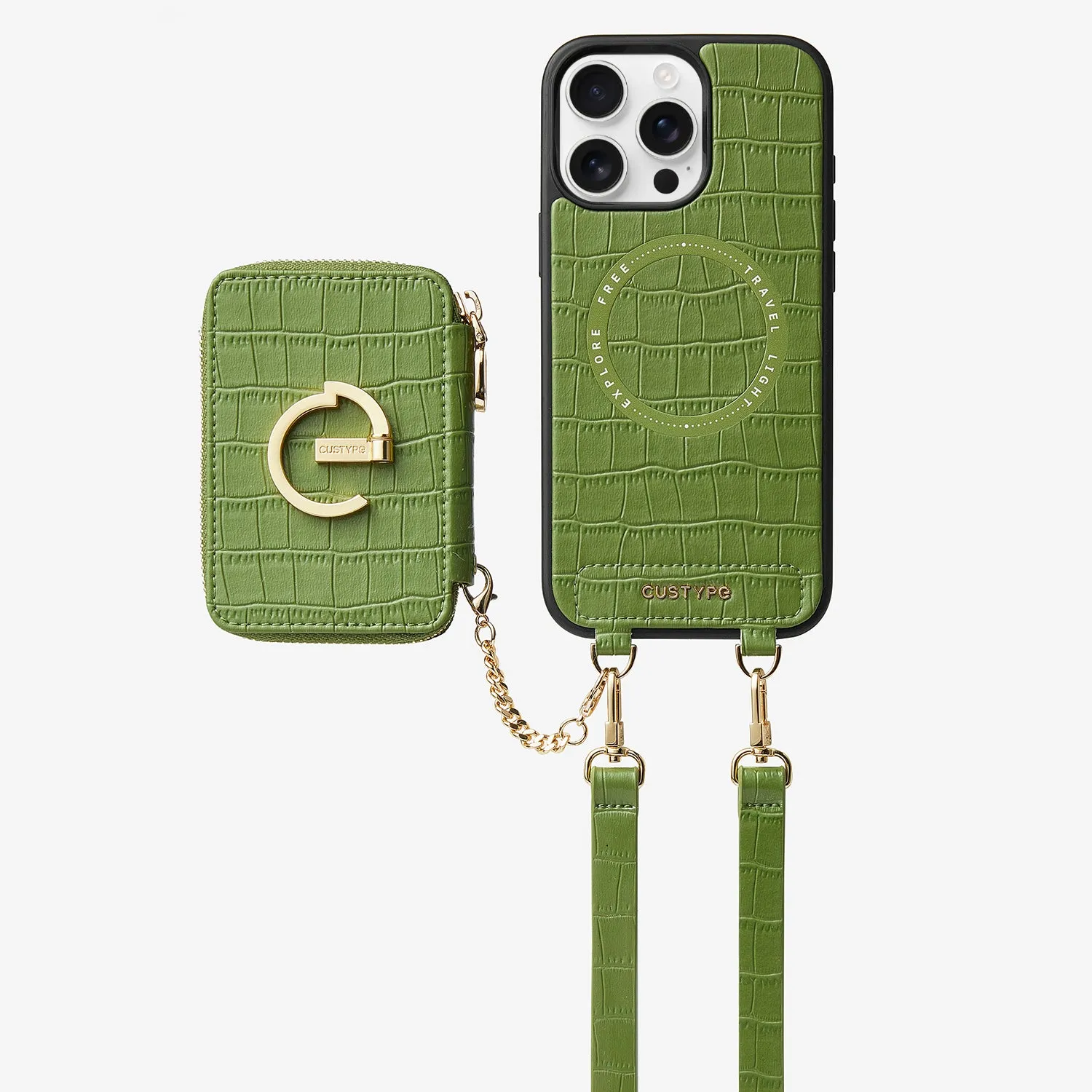 Crocodile Design Set- Detachable Wireless Charging Crossbody E-stand Wallet Phone Case Set