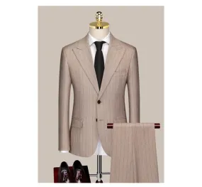 Customized Suit Men's Business Casual Bridegroom Wedding Dress Korean Edition Slim Customized Brown Stripe Formal Suit Men's Set