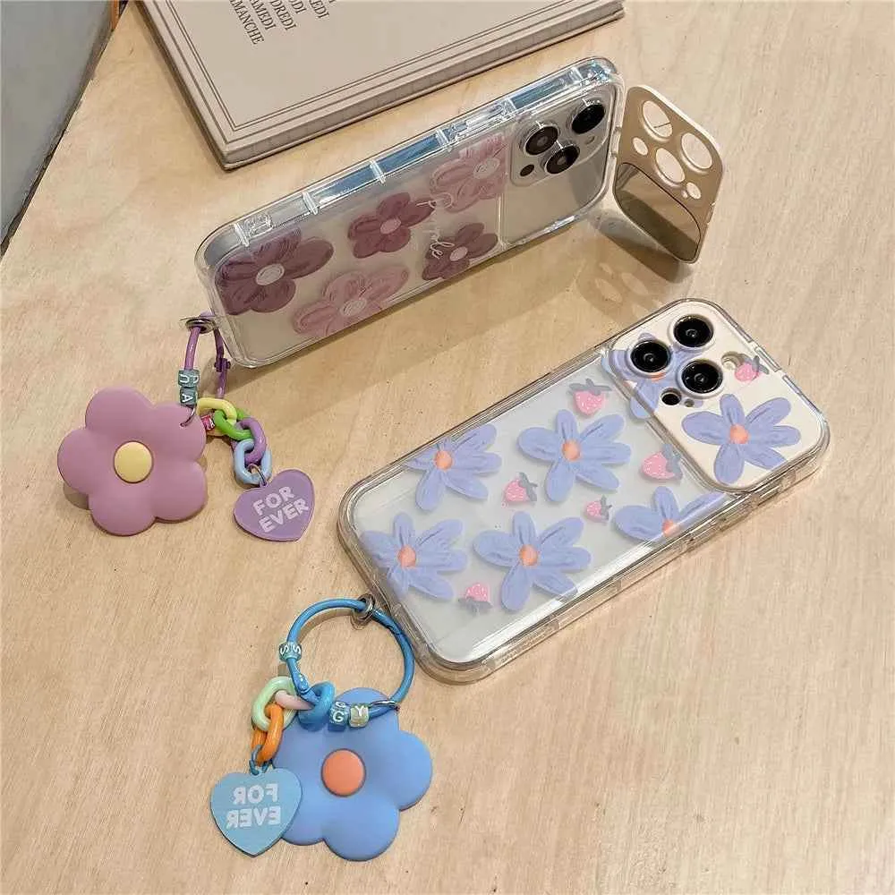 Cute Phone Cases For iPhone 14 Pro Max to the SE3 - 3D Flower Patter with Flip Make-Up Mirror Holder - Transparent Cover - TSP367