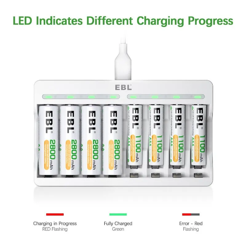 EBL AA and AAA Rechargeable Batteries with 8-Bay Individual Battery Charger