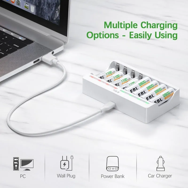 EBL AA and AAA Rechargeable Batteries with 8-Bay Individual Battery Charger