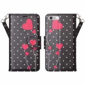 For Apple iPhone 8 Plus Case, Wrist Strap Pu Leather Magnetic Flip Fold[Kickstand] Wallet Case with ID & Card Slots for iPhone 8 Plus - Polka Dots Hearts