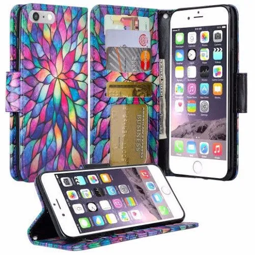 For Apple iPhone 8 Plus Case, Wrist Strap Pu Leather Magnetic Flip Fold[Kickstand] Wallet Case with ID & Card Slots for iPhone 8 Plus - Rainbow Flower