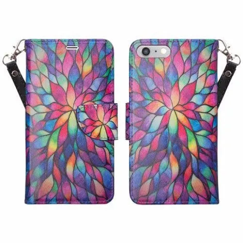 For Apple iPhone 8 Plus Case, Wrist Strap Pu Leather Magnetic Flip Fold[Kickstand] Wallet Case with ID & Card Slots for iPhone 8 Plus - Rainbow Flower