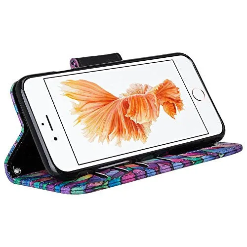 For Apple iPhone 8 Plus Case, Wrist Strap Pu Leather Magnetic Flip Fold[Kickstand] Wallet Case with ID & Card Slots for iPhone 8 Plus - Rainbow Flower