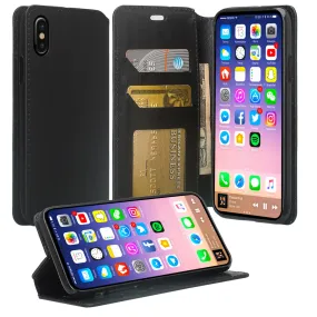 For Apple iPhone X | iPhone 10 | iPhone Ten Wallet Case, Slim Flip [Kickstand] Pu Leather Wallet Case Cover with Card Slots & Pocket- Black