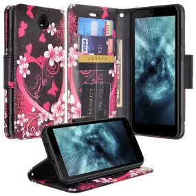 For Boost Schok Volt SV55 Case, Slim Flip Folio [Kickstand] Pu Leather Wallet Case with ID & Card Slots & Pocket - Heart Flower