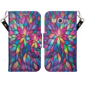 Galaxy Go Prime Case / Grand Prime Wallet Case, Wrist Strap Flip [Kickstand] Pu Leather Wallet Case with ID & Credit Card Slot, Rainbow Flower