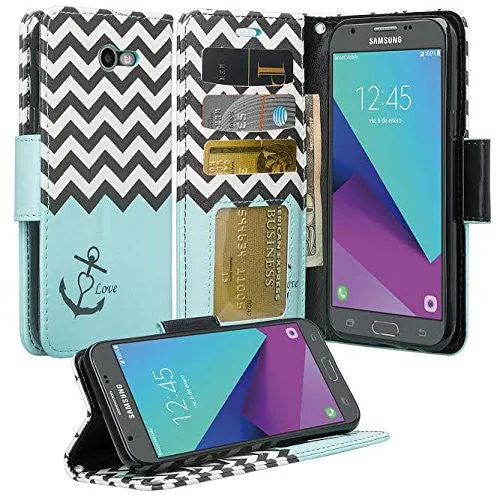 Galaxy J3 Emerge Case, Wrist Strap Magnetic Fold[Kickstand] Pu Leather Wallet Case with ID & Credit Card Slots for Samsung Galaxy J3 Emerge - Teal Anchor