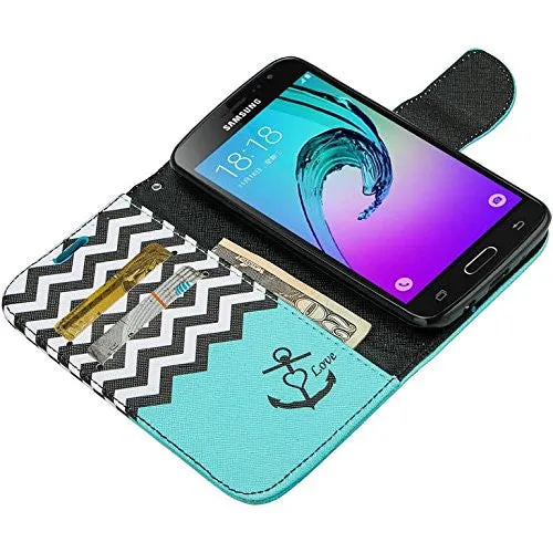 Galaxy J3 Emerge Case, Wrist Strap Magnetic Fold[Kickstand] Pu Leather Wallet Case with ID & Credit Card Slots for Samsung Galaxy J3 Emerge - Teal Anchor