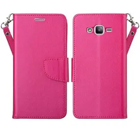 Galaxy J7 Case, Magnetic Flip Folio [Kickstand Feature] Pu Leather Wrist Strap Wallet Case with ID & Card Slots for Samsung Galaxy J7 - Hot Pink