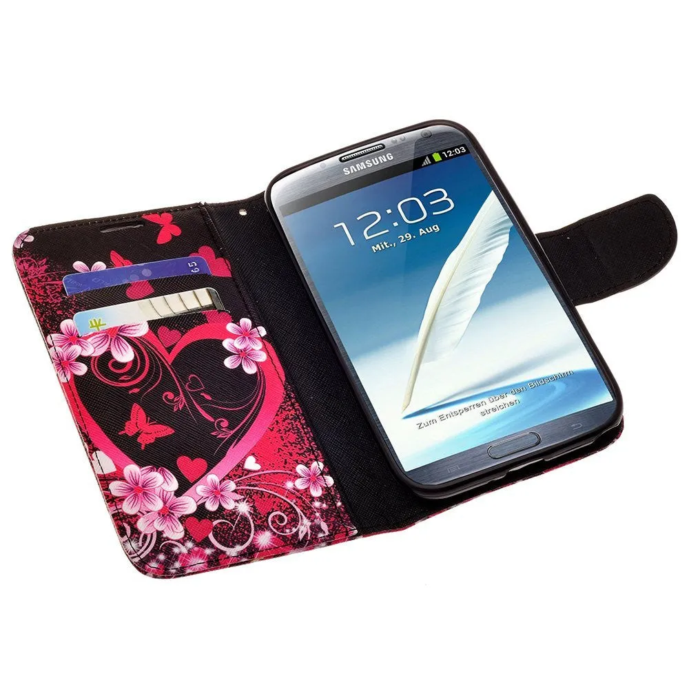 Galaxy Note 2 Case, Wrist Strap Pu Leather Magnetic Fold[Kickstand] Wallet Case with ID & Card Slots for Samsung Galaxy Note 2 - Heart Butterflies