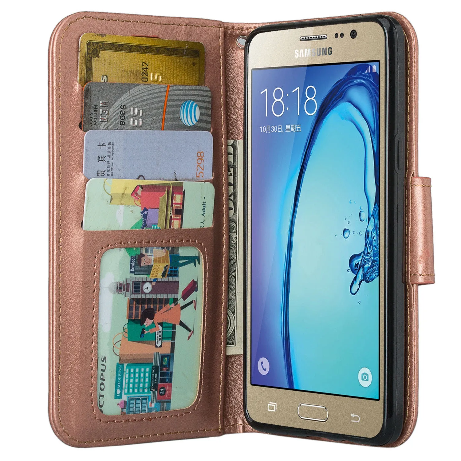 Galaxy On5 Case, Samsung Galaxy On5 Wallet Case, Wrist Strap Flip Folio[Kickstand Feature] Pu Leather Wallet Case with ID & Credit Card Slots For Galaxy On5 - Rose Gold Solid